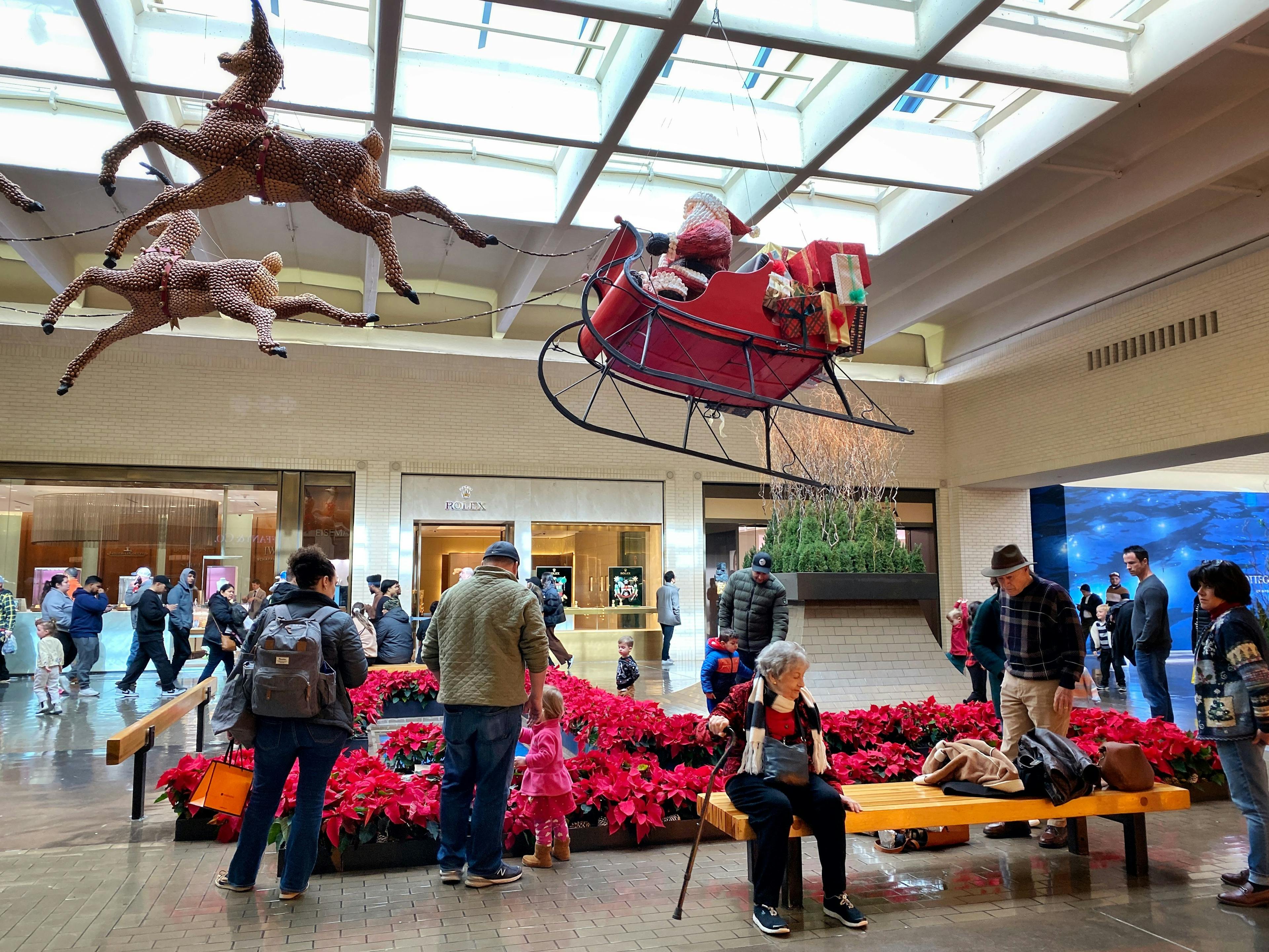 Santa's sleight hung from the ceiling in a mall in Dallas